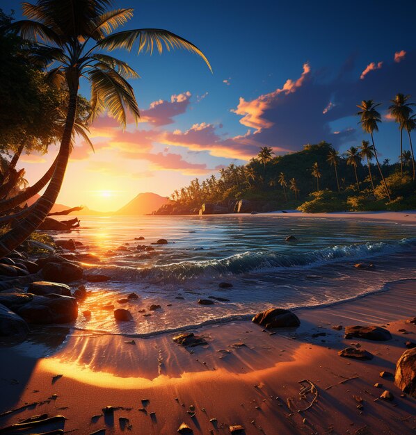 sunset on a tropical beach with palm trees and rocks generative ai