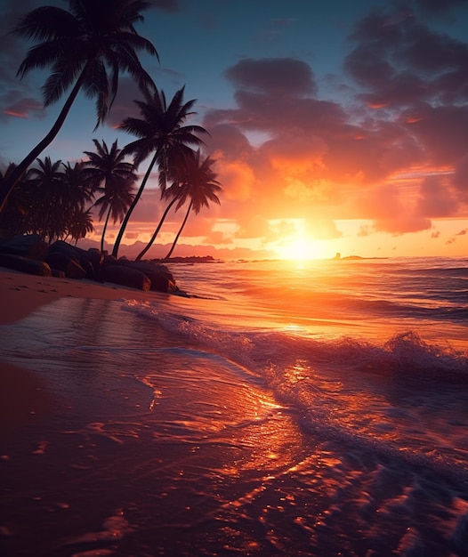 Sunset on a tropical beach with palm trees and waves generative ai