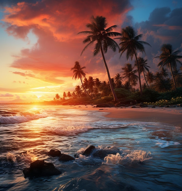 sunset on a tropical beach with palm trees and waves generative ai