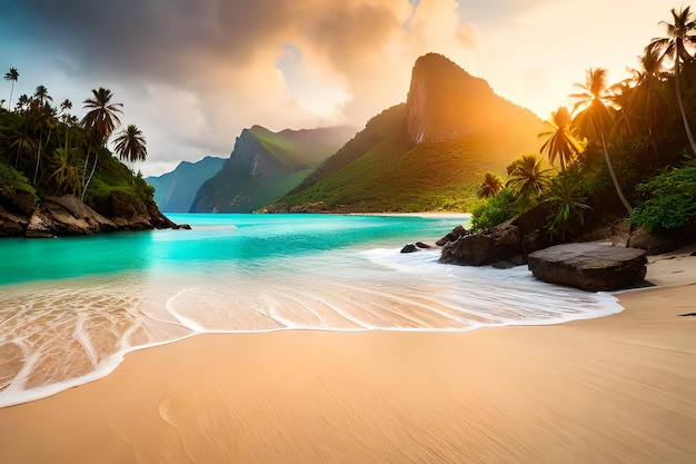 A sunset on a tropical beach