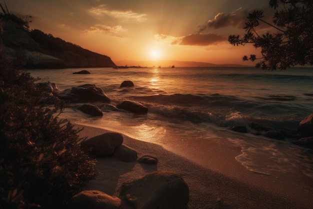 Sunset on a tropical island Palm trees and beach on the island A place to relax Generative AI