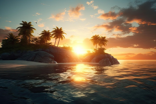 Sunset on a tropical island Palm trees on the island A magical place to relax Generative AI