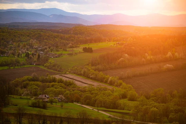 Sunset over Ukrainian Carpatians spring time