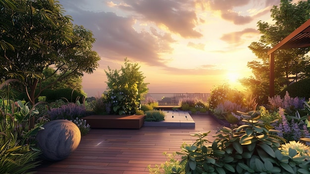 Sunset Urban Rooftop Garden Oasis met planten en bomen