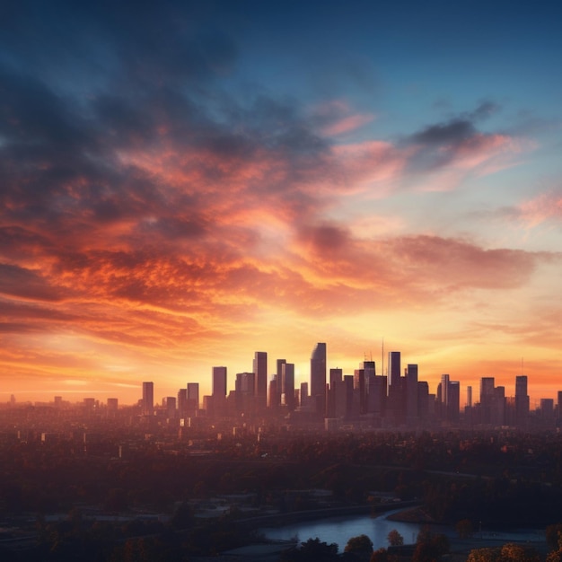 Photo sunset over an urban skyline background