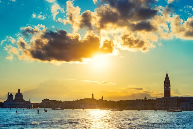 Sunset in Venice. View from the sea to Saint Mark square