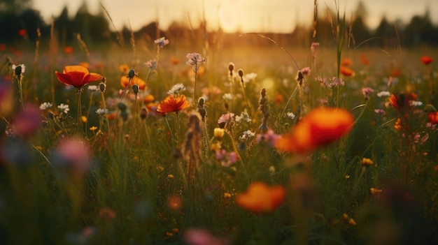 鮮やかな野生の花の草原の上に夕暮れ