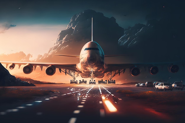 Sunset view of airplane on airport runway under dramatic sky Neural network AI generated