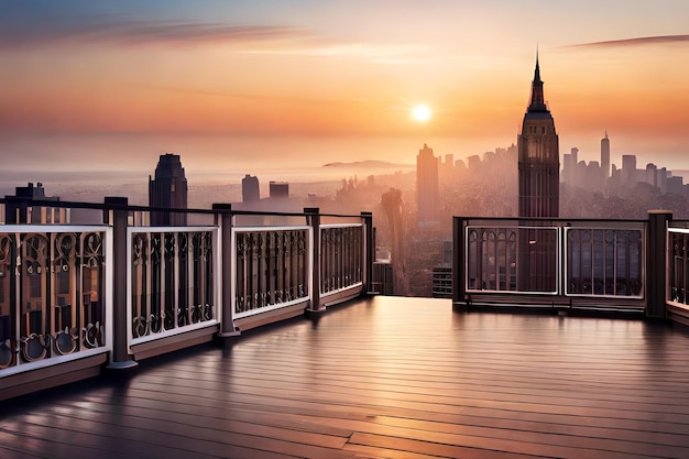 A sunset view of a balcony with a view of manhattan in the background.