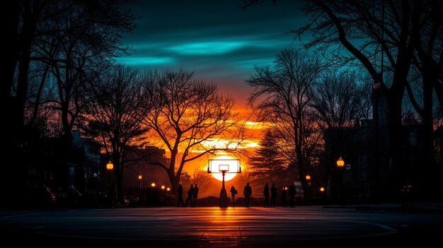 Photo sunset view of a basketball court on a city street