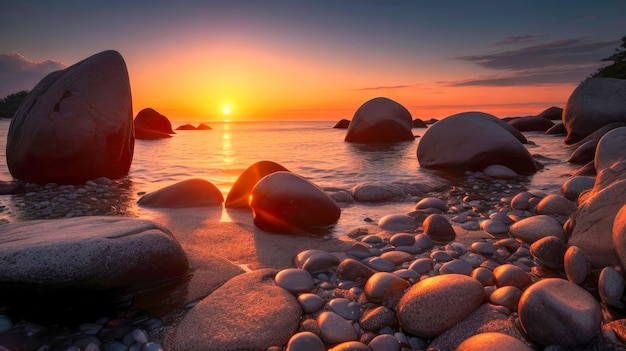 Sunset view on the beach full of pebbles