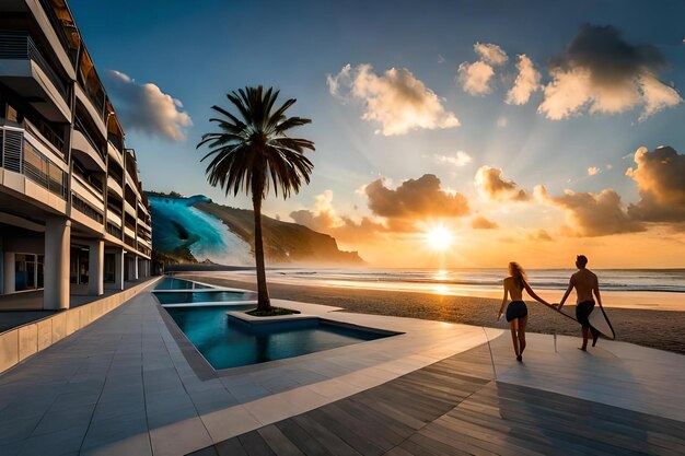 A sunset view of a beach resort with a woman walking by