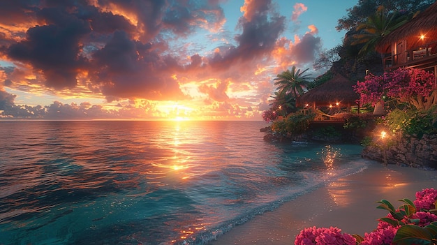 a sunset view of a beach scene with a beach scene and a beach scene