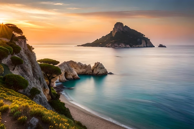 A sunset view of a beach with a beach and rocks in the foreground.