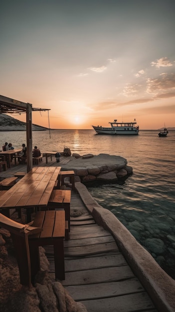 A sunset view of a beach with a boat in the background