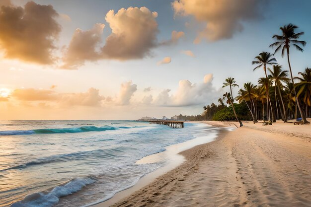 A sunset view of a beach with palm trees and a pier in the background