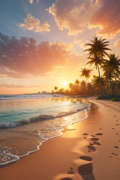 Обои с видом на пляж и пальмами на закате, созданные ai