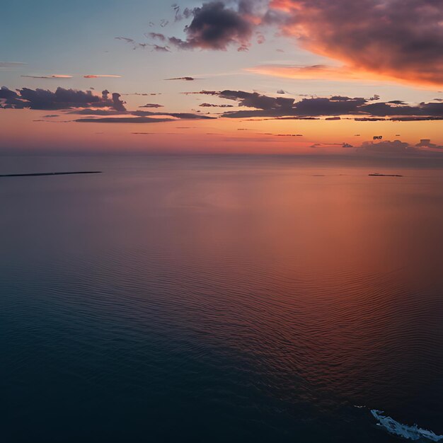 空に数つの雲がある水体の夕暮れの景色