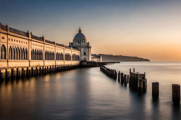 a sunset view of a building with a building in the background.