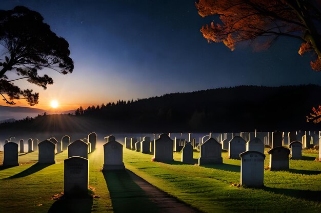 Photo a sunset view of a cemetery with a tree in the background.