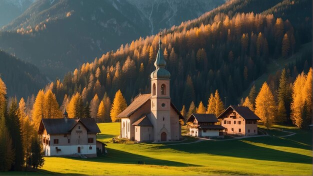 Sunset view of church in autumn mountain valley