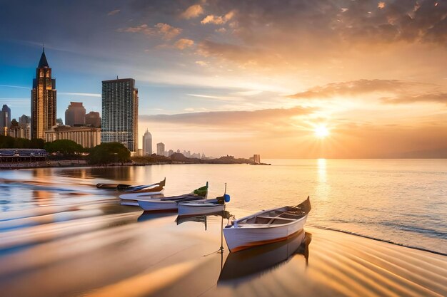 A sunset view of a city with boats in the water