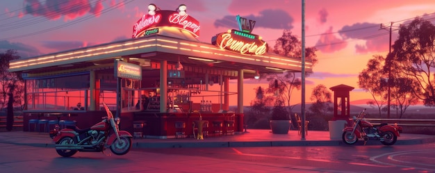 Sunset view over a classic Americana burger diner complete with neon signs and retro motorcycles