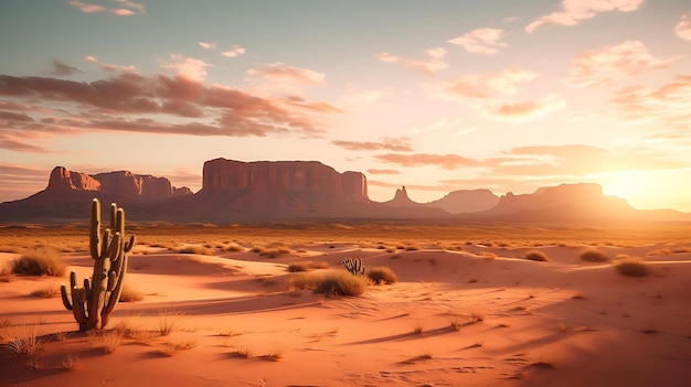 A sunset view of the desert with a desert landscape in the background