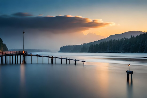 a sunset view of a dock and a lake with a tree in the foreground.