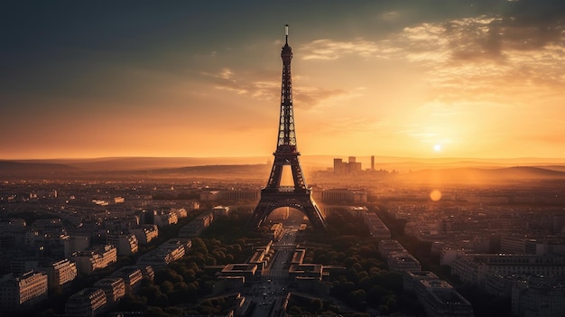 Вид на закат на эйфелеву башню из парижа
