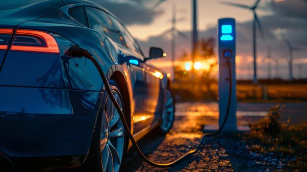 Sunset View of Electric Car Charging Outdoors