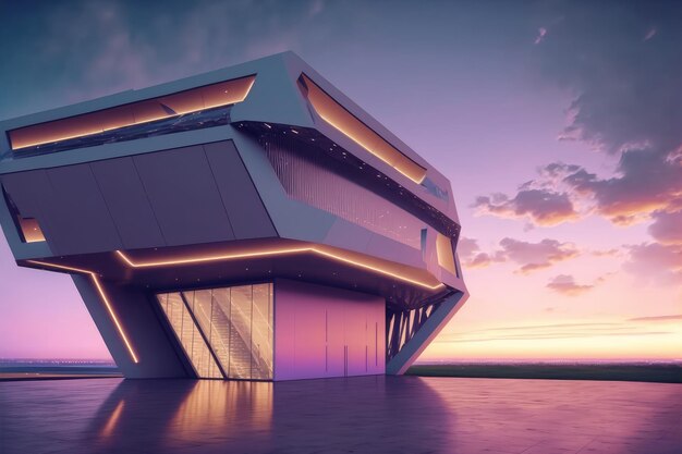 Sunset view of empty balcony floor on corridor of modern building exterior