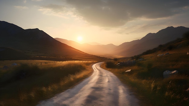 Photo sunset view of an empty street in a mountain landscape