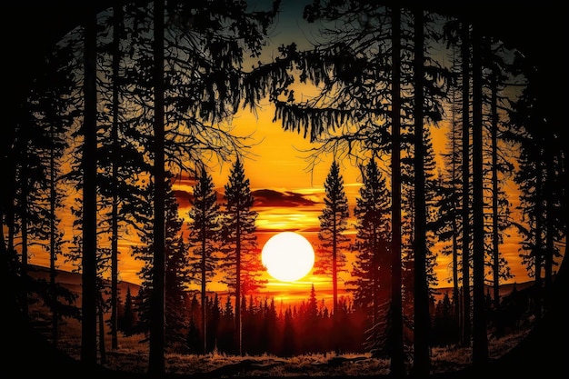 Закатный вид на лес с закатом солнца за деревьями