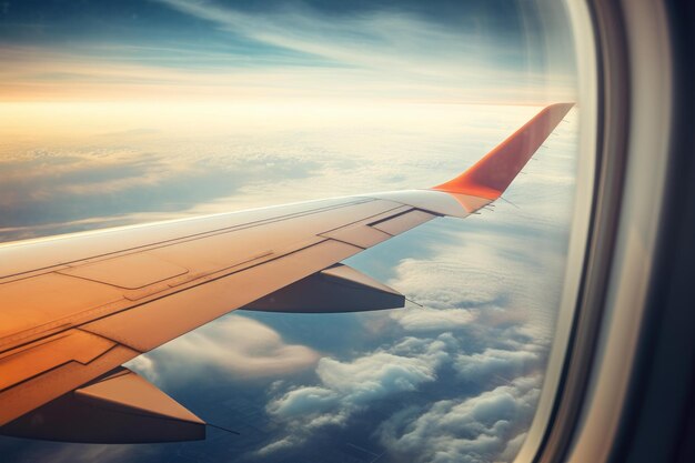 写真 飛行機の窓から日没の景色