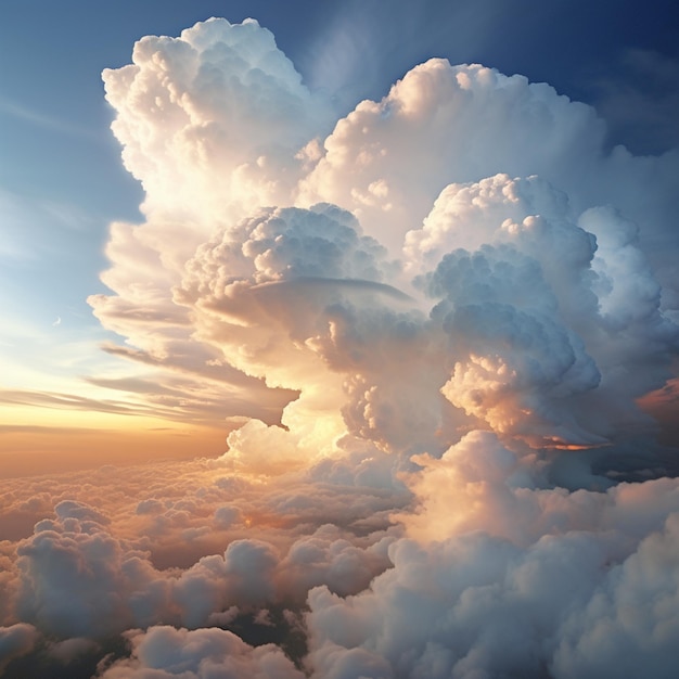 A sunset view from an airplane with clouds and a sunset in the background.