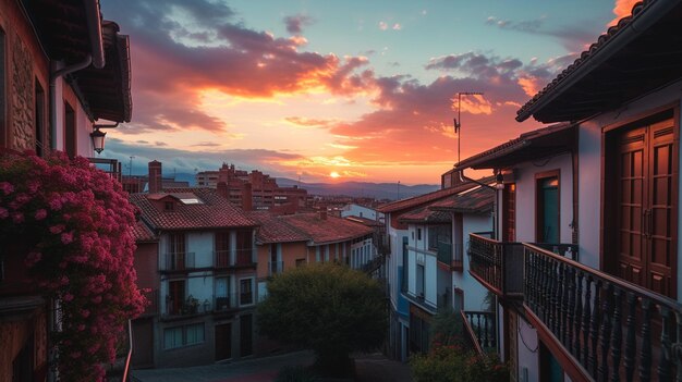 a sunset view from a balcony with a view of the city