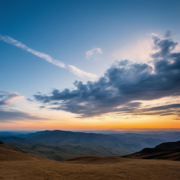 A sunset view from a mountain top with a trail in the sky