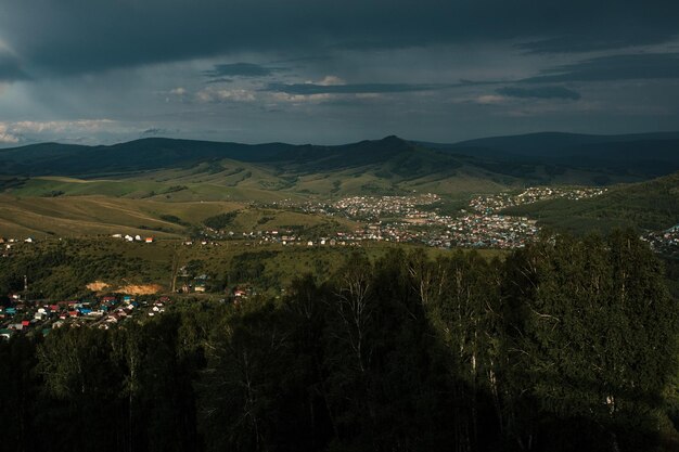 Sunset view of GornoAltaysk from the observation deck on Mount Tugaya