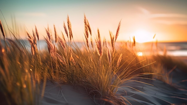 Sunset View of Grasses at the Beach Close up