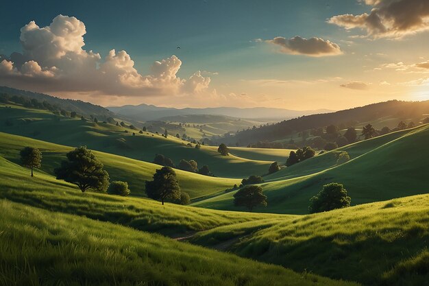 a sunset view of a green rolling hills with a sunset in the background