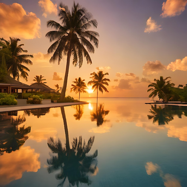 a sunset view of a house with palm trees and a house in the background