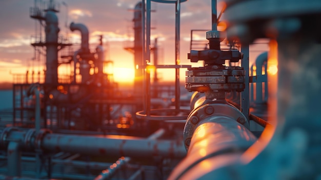 Sunset view over industrial piping at a chemical plant