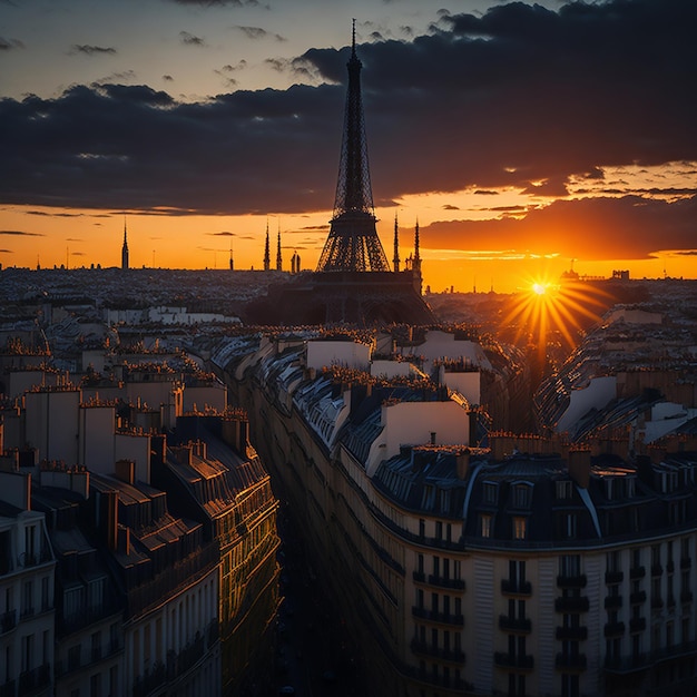 sunset view to la denfense in paris france