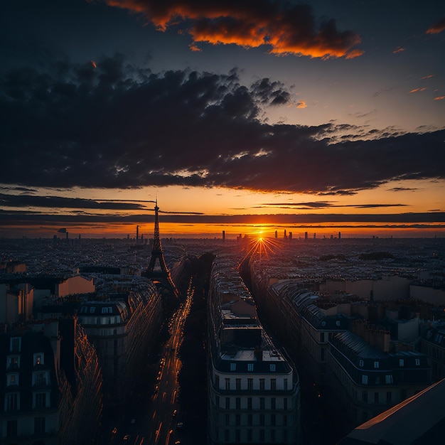 フランス、パリのラ・デンファンスへの夕日の眺め