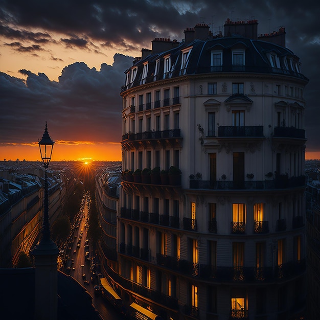 sunset view to la denfense in paris france