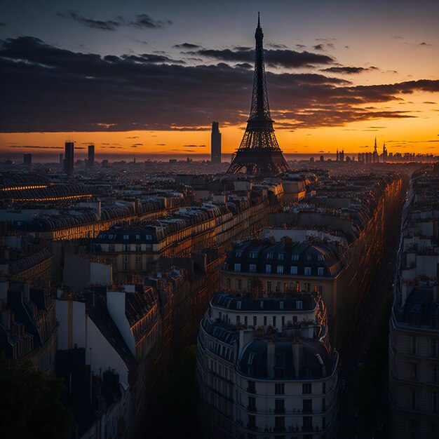 sunset view to la denfense in paris france