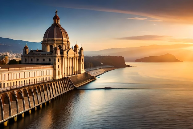 A sunset view of the lake and the church of san pedro