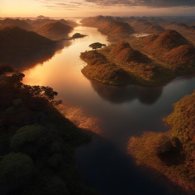 背景に山がある湖の夕暮れの景色