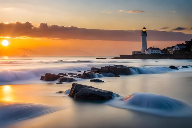 a sunset view of a lighthouse and the ocean